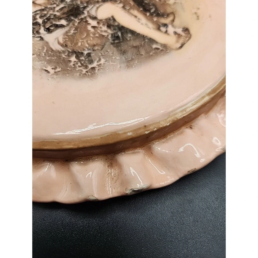 Set Of Two‎ Vintage Glazed Cermaic Hot Pads/ Wall Hangings W/ Victorian Scene